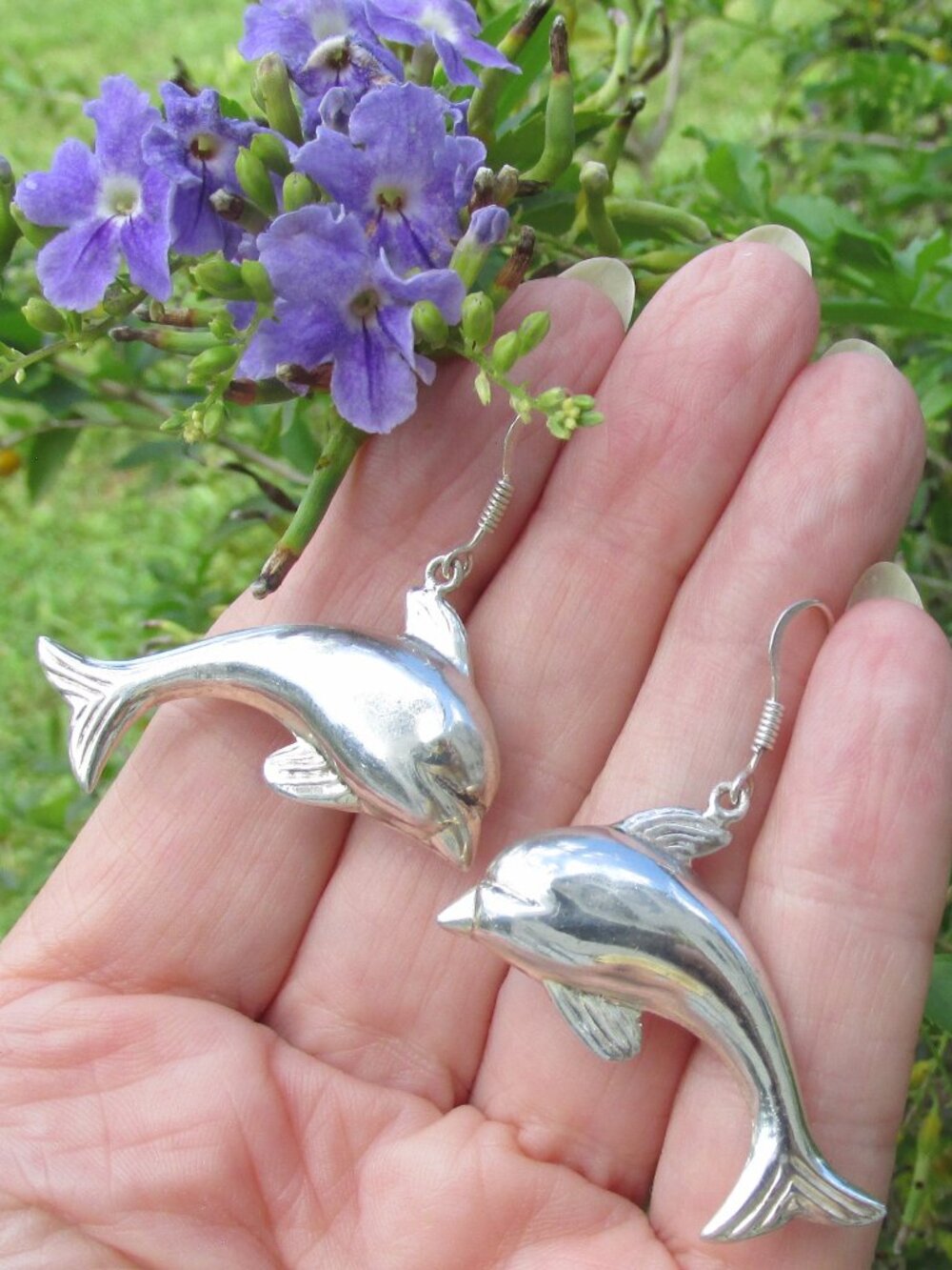 Large 2" Vintage Sterling Silver Jumping DOLPHIN Dangle Light Weight Earrings